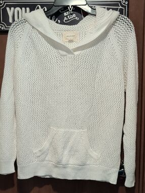 Linen Cotton Blend White Knit Hoodie Sweater